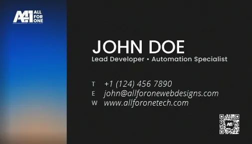 Back of the business card with a name, contact details and a QR code.