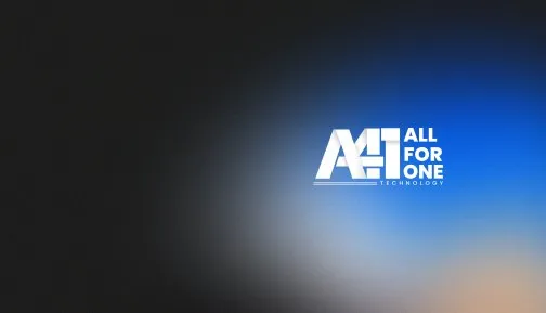 Front of the business card with the AllForOne logo on a dark gradient.