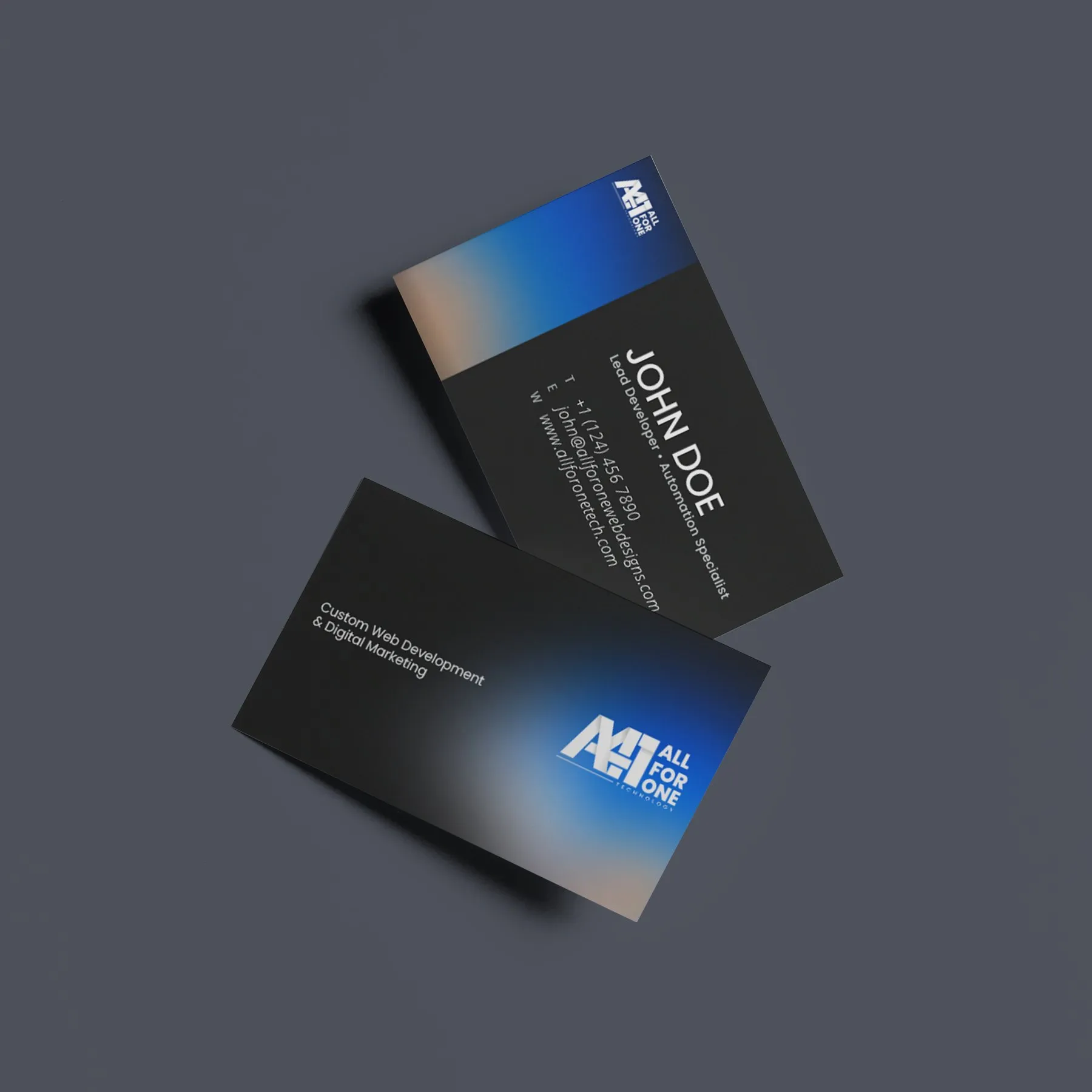 Two dark business cards with a blue and tan gradient corner and the AllForOne logo.