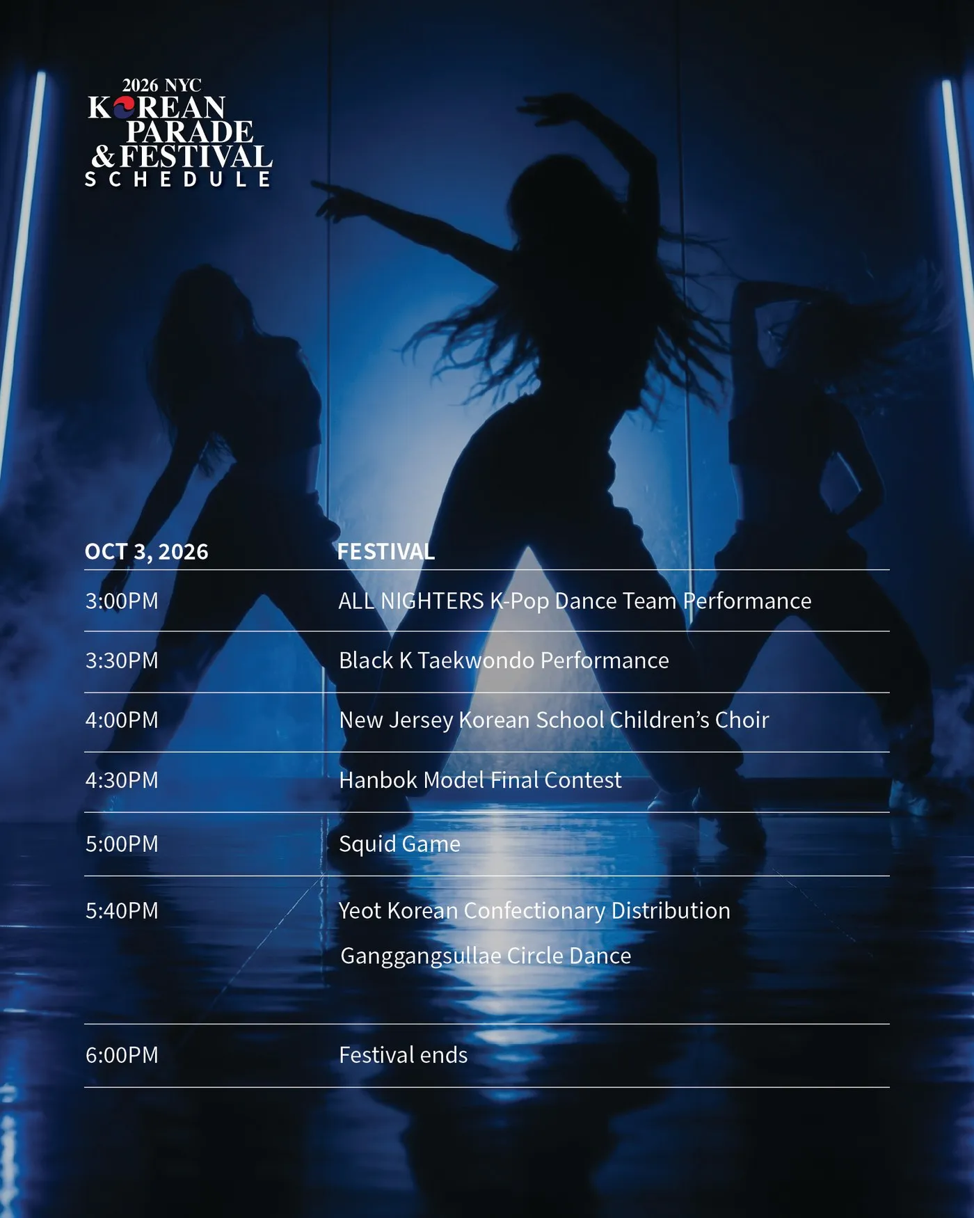 Evening performance schedule over a silhouette of dancers on a blue-lit stage.