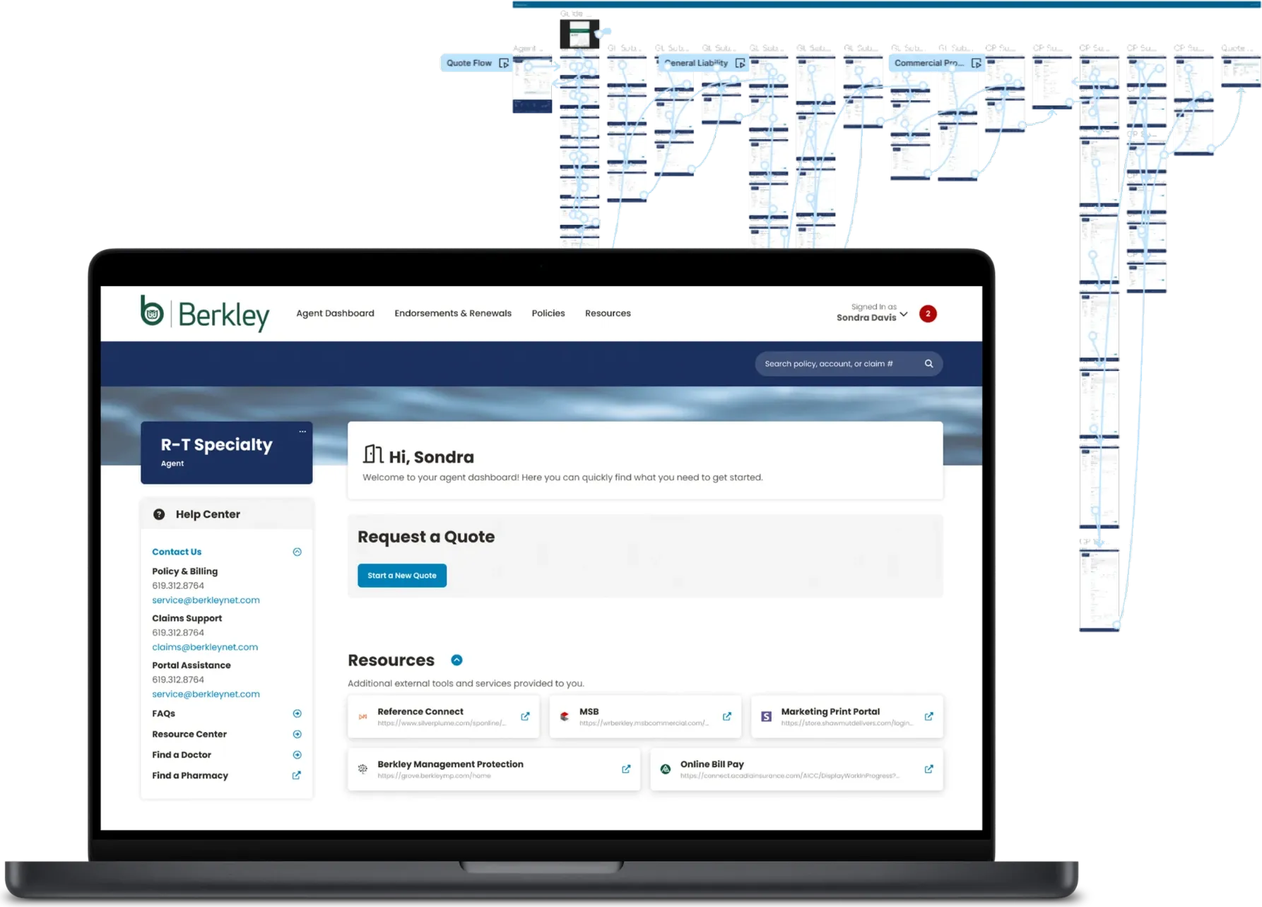 A laptop showing the Berkley agent dashboard, with the quote flow prototype mapped out behind it.
