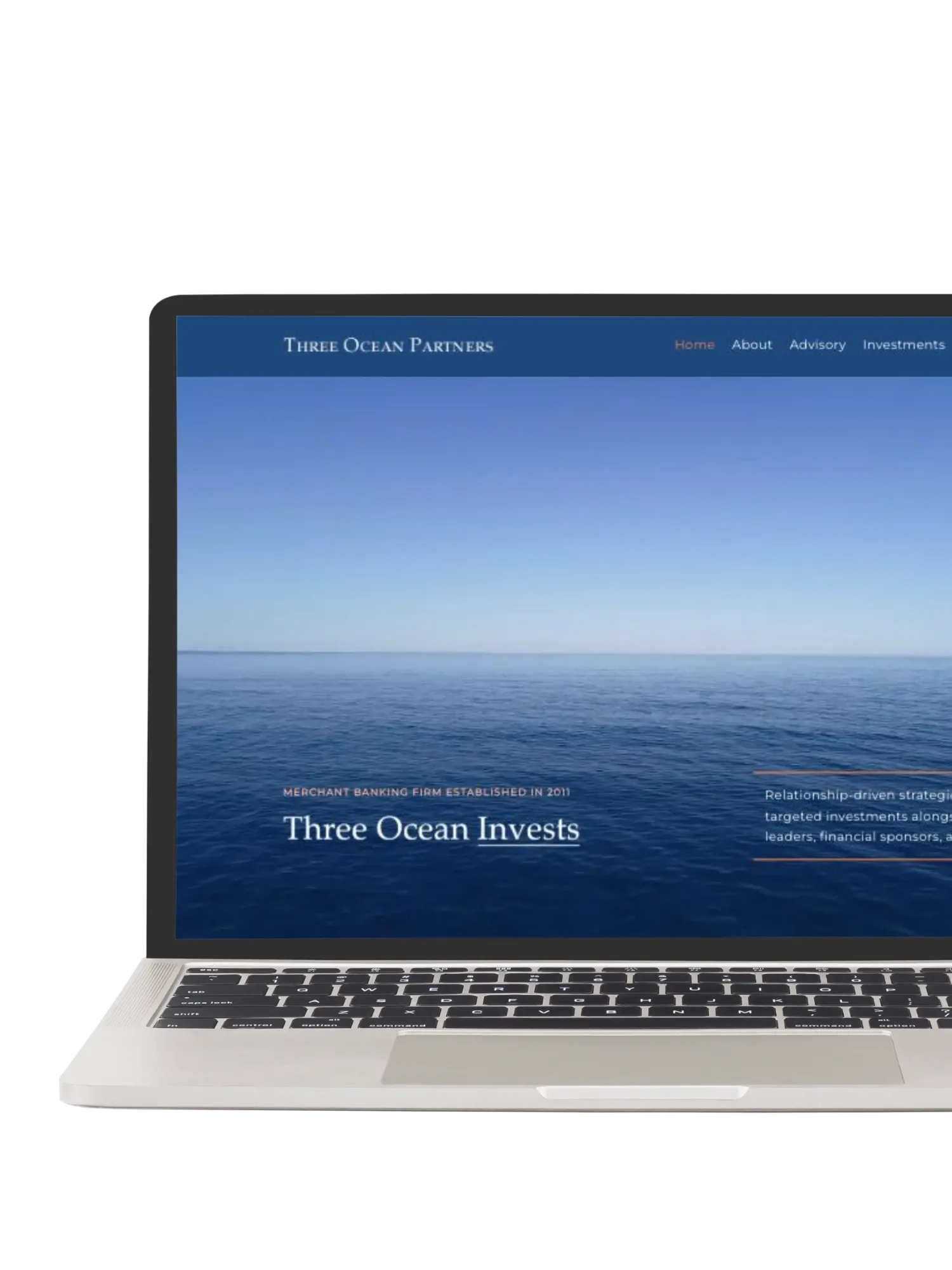 A laptop showing the Three Ocean Partners homepage: the firm’s name and navigation over a photograph of open ocean, with the line "Three Ocean Invests".