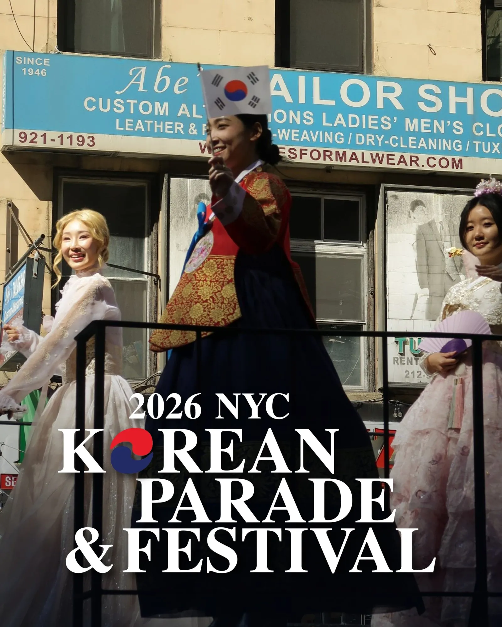 Three women in hanbok on a parade float, one waving a Korean flag, with the 2026 NYC Korean Parade & Festival logo set across the lower half.