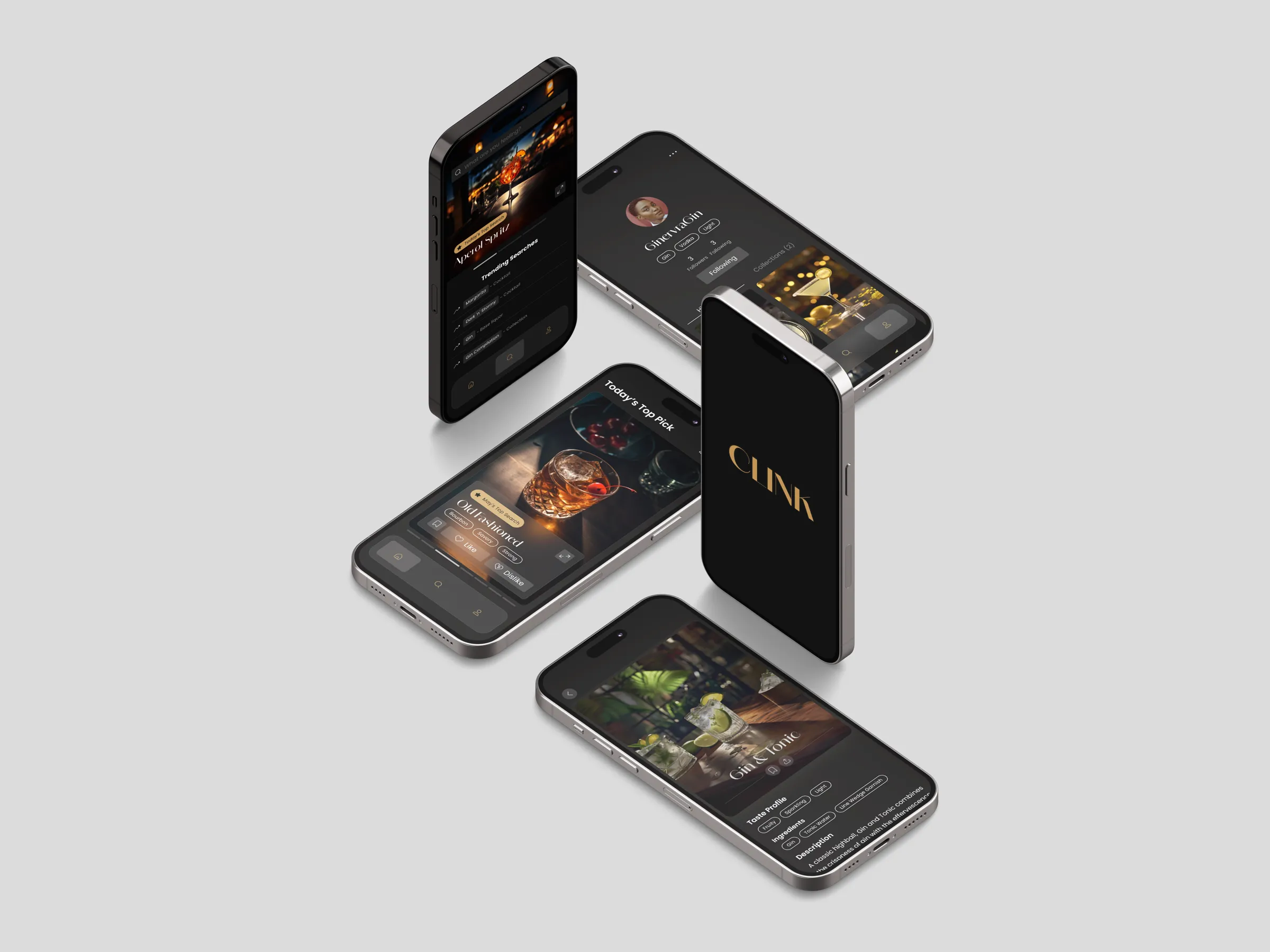 Five phones arranged on a grey surface showing screens from Clink, a cocktail discovery app with a dark interface and gold wordmark.