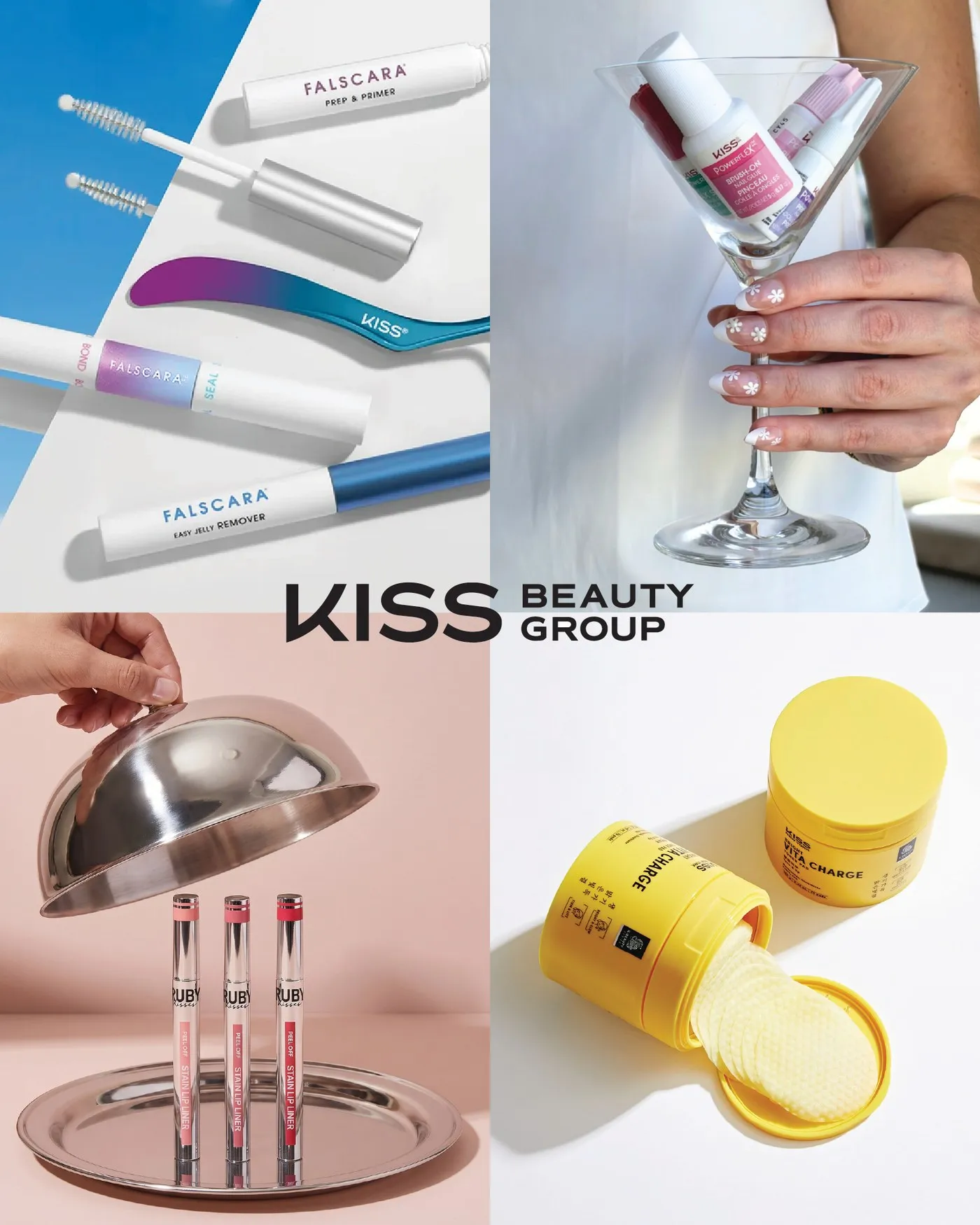Four-panel collage of Kiss Beauty Group products with the logo across the centre.