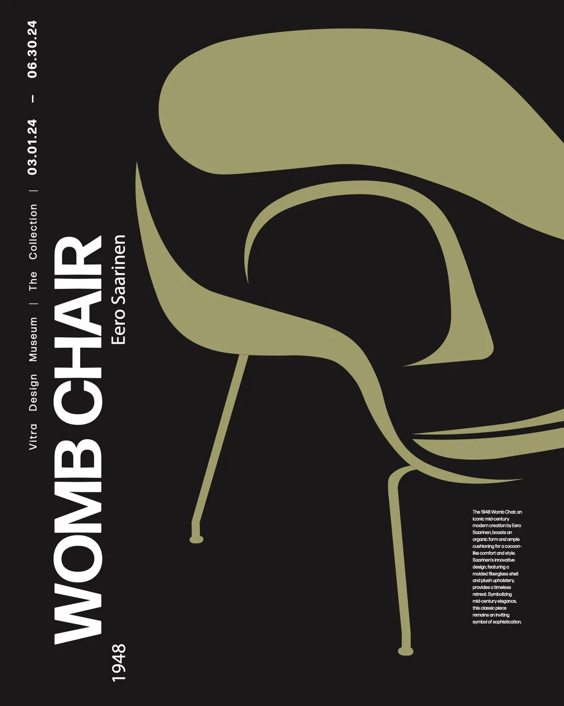 The second poster in the pair: one olive green Womb Chair on black, with the title running up the left side.