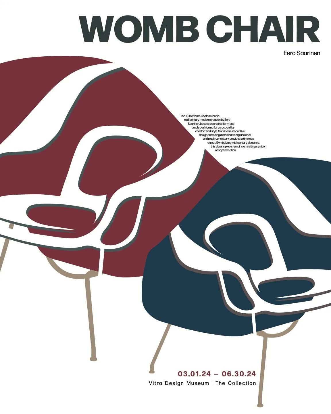 Poster with two overlapping Womb Chairs drawn in flat maroon and navy shapes, under the title Womb Chair.
