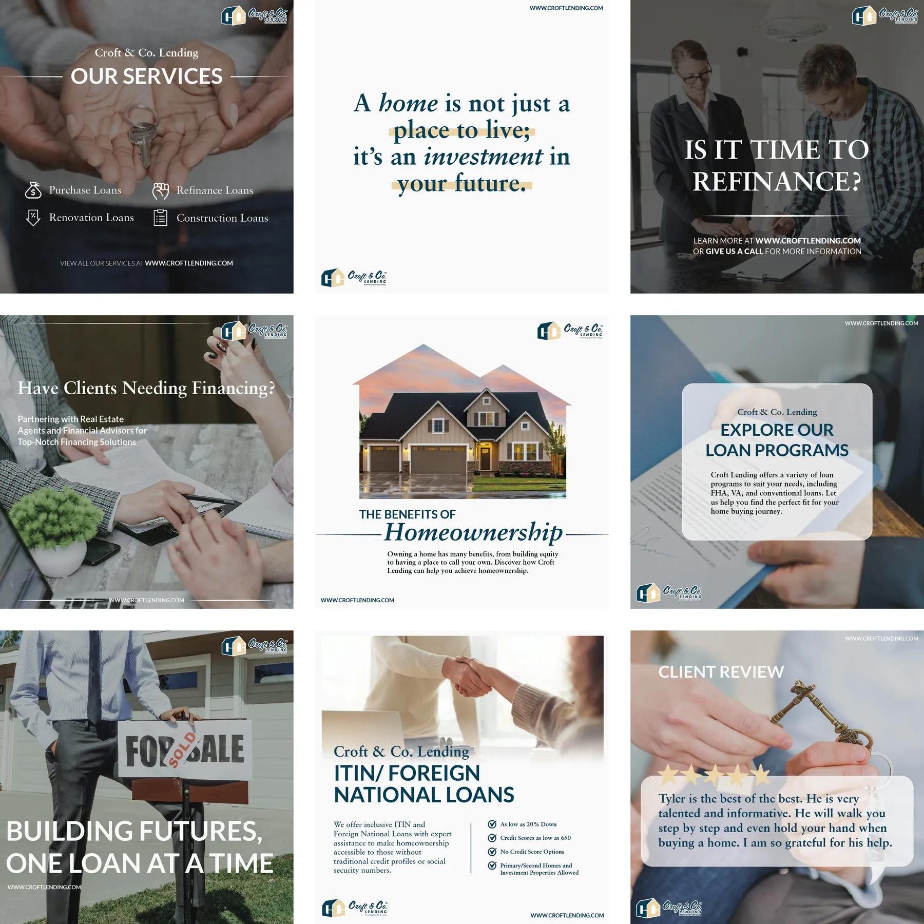 Nine Instagram posts for a mortgage company in navy and cream.