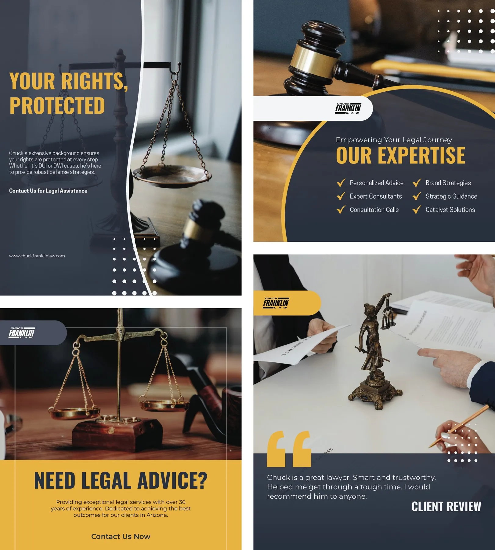 Four Instagram posts for a law office in navy and yellow.