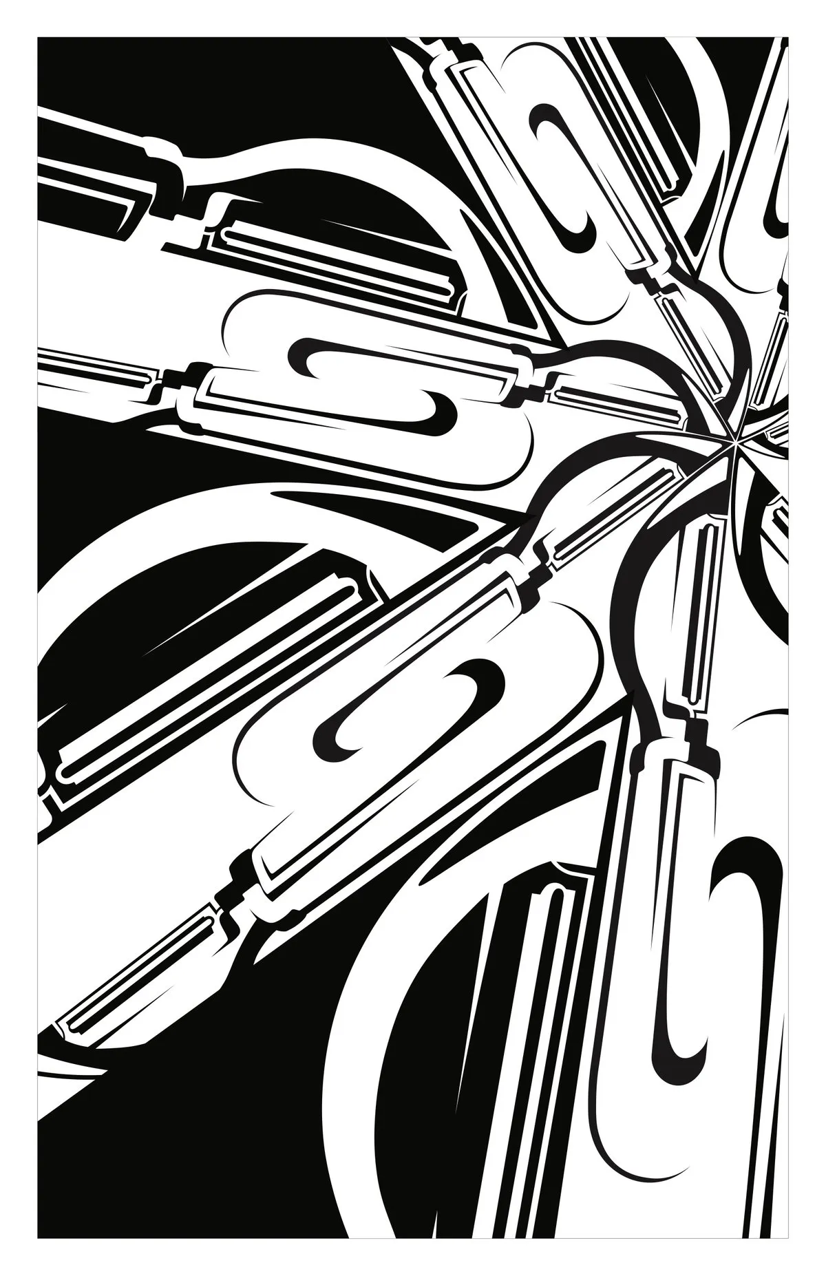 A black and white pattern built from repeated paper clips fanning out from one corner.