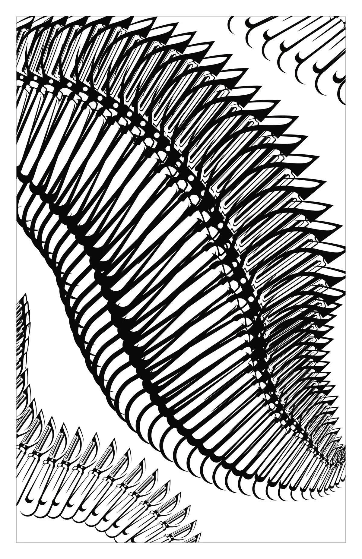 A black and white pattern built from repeated tool shapes curving across the page like a spine.