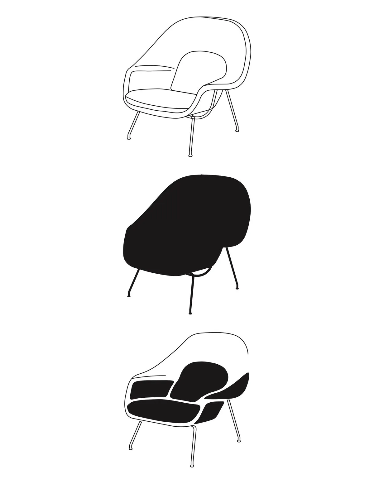Three studies of the Womb Chair: an outline, a solid black shape, and the two combined.